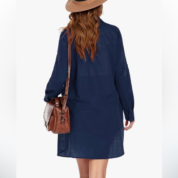 🆕 Women's Cuffed Sleeve Collared Button Down Shirt Dress Cover-Up Blue Medium - Picture 5 of 11